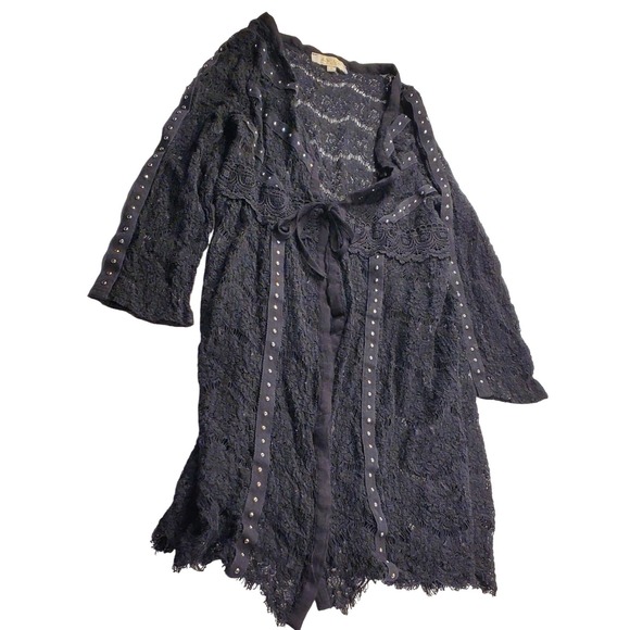 Rebellion Girls BLACK STUDDED LACE FAUX SUEDE CARDIGAN DUSTER Size Small‎ - Picture 2 of 8